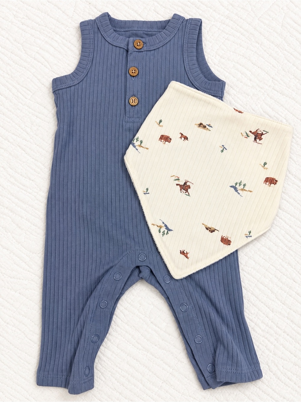 Carter’s Baby Boy 0-3M Blue Ribbed Romper & Western Cream Bib Set